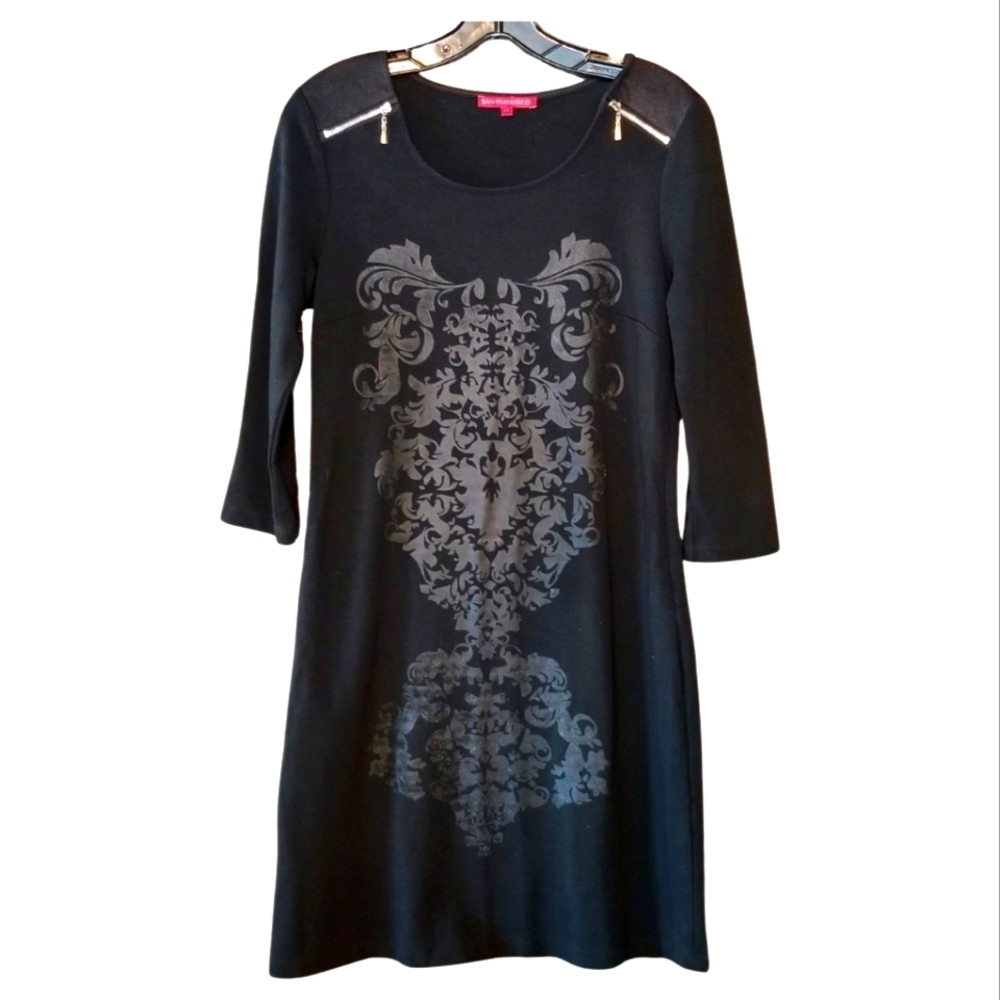San Francisco Black Midi Dress With Silver Damask Print  Size Small